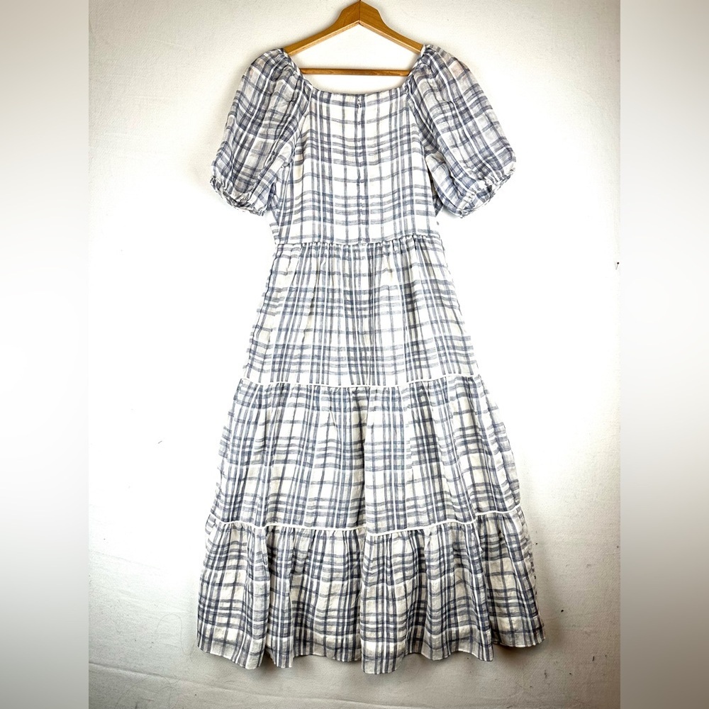 Madewell Puff Sleeve Faux Wrap Tiered Midi Dress Plaid Cottagecore - Picture 4 of 10